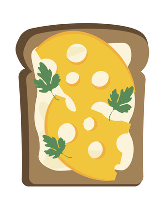 Concept Tasty toast with cream cheese sliced cheese and parsley. An illustration created using flat techniques depict snack of toast with cream cheese, cheese, and parsley. Vector illustration.のイラスト素材