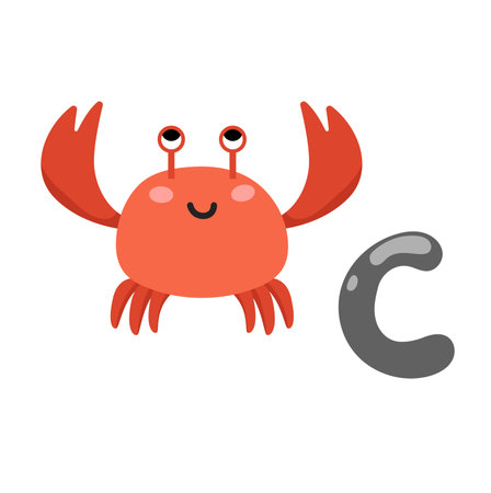 Concept Alphabet C crab. This illustration is a flat, vector cartoon design featuring the letter C of the alphabet. Vector illustration.のイラスト素材