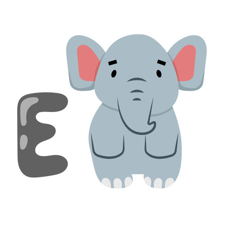 Concept Alphabet E elephant. This is a flat, vector cartoon illustration of the letter E featuring an adorable elephant. Vector illustration.のイラスト素材