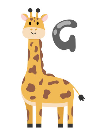 Concept Alphabet G giraffe. This illustration is a flat vector cartoon design of the letter G in the alphabet. The letter is formed by a giraffe with a long neck and spots. Vector illustration.のイラスト素材