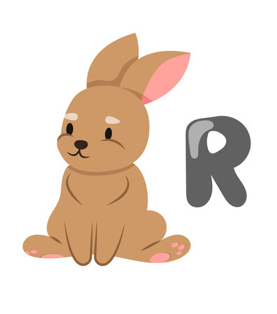Concept Alphabet R rabbit. This illustration is a colorful and playful design for children featuring a flat, vector, and cartoon style. Vector illustration.のイラスト素材