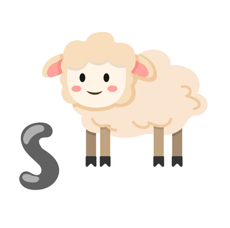 Concept Alphabet S sheep. This illustration is a cartoon design of a fluffy white sheep standing on a flat vector background. Vector illustration.のイラスト素材