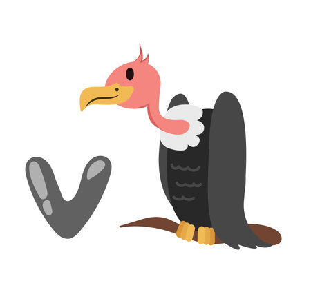 Concept Alphabet V vulture bird. This illustration is a flat vector cartoon design featuring the letter V of the alphabet and a vulture bird. Vector illustration.のイラスト素材