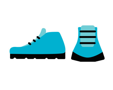 Concept Footwear blue tractor lace up boots shoes. This illustration is a flat vector cartoon design featuring a pair of blue lace-up tractor boots. Vector illustration.のイラスト素材