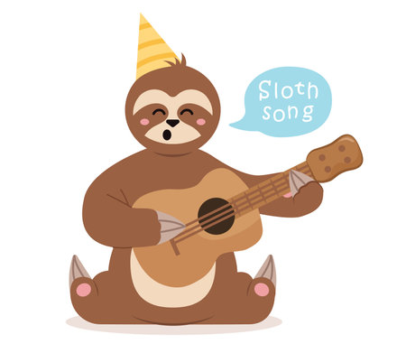 Concept Sloth character playing guitar and singing. This vector illustration features a cute sloth character playing a guitar, designed in a flat, cartoon style. Vector illustration.のイラスト素材