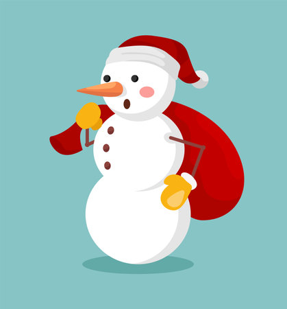 Concept Cartoon snowman. This illustration features a cute snowman in a flat, vector style design holding a present bag. Vector illustration.のイラスト素材