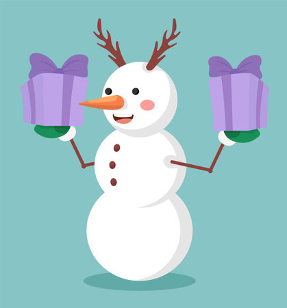 Concept Cartoon snowman. The illustration is a flat vector cartoon of a cute snowman holding several wrapped presents on a turquoise background. Vector illustration.のイラスト素材