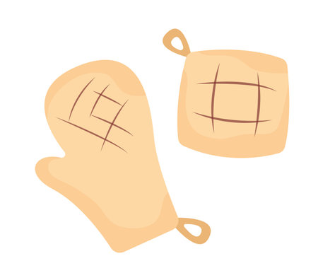 Concept BBQ kitchen gloves oven mitten. The illustration is a vector cartoon concept of a flat, featuring a BBQ grill and gloves or oven mittens. Vector illustration.のイラスト素材