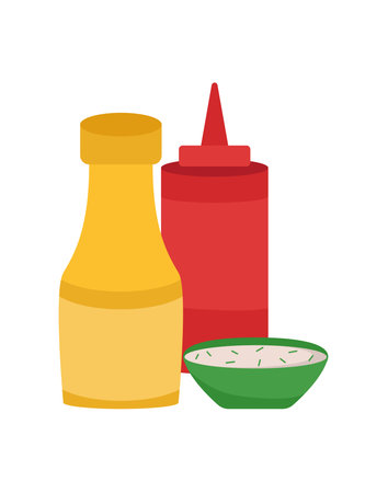 Concept BBQ souses mustard ketchup. This is a vector cartoon illustration that features a BBQ grill and various condiments, including sauce, mustard, and ketchup. Vector illustration.のイラスト素材