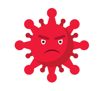 Concept Cartoon viruses. This vector cartoon illustration features a red, angry virus in a flat style design, set against a clean white background. Vector illustration.のイラスト素材