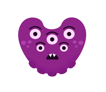 Concept Cartoon viruses. This is a flat, cartoon-style illustration of a purple angry virus on a white background. Vector illustration.のイラスト素材