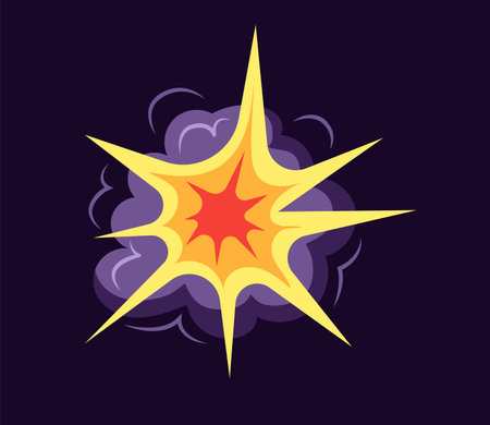 Concept Boom explosion clouds. This is a flat, cartoon-style illustration depicting an explosion or "boom" against a dark background. Vector illustration.のイラスト素材