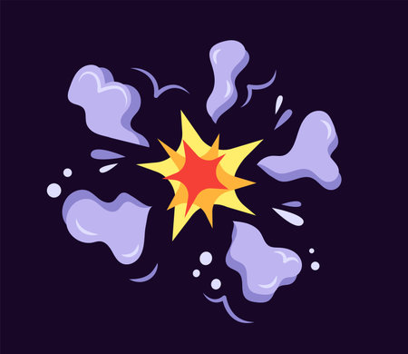 Concept Boom explosion clouds. This is a flat, cartoon-style illustration depicting an explosion or "boom" against a dark background. Vector illustration.のイラスト素材