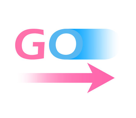 Concept Text GO arrow. This flat, cartoon-style illustration is designed for web use and features a bold arrow and colorful text that reads "go". . Vector illustration.のイラスト素材