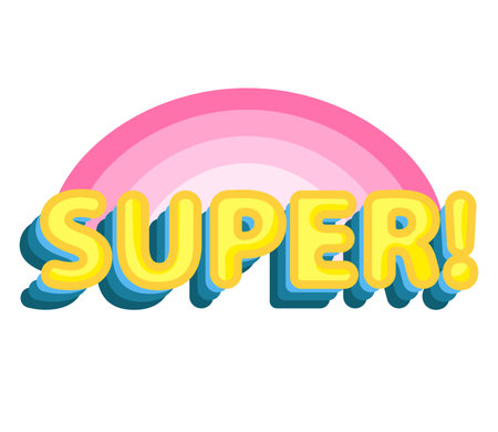 Concept Text SUPER rainbow. This flat, cartoon-style illustration is designed for web use and features a colorful rainbow with bold text that reads "super". Vector illustration.のイラスト素材