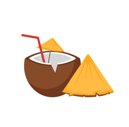 Concept Hawaii beach coconut cocktail. The illustration is a flat and colorful cartoon-style image of a refreshing coconut cocktail with a small umbrella and straw. Vector illustration.のイラスト素材