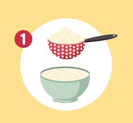 Concept Cake preparation step 1. This flat vector design showcases the first step in cake preparation, which is sifting the flour. Vector illustration.のイラスト素材