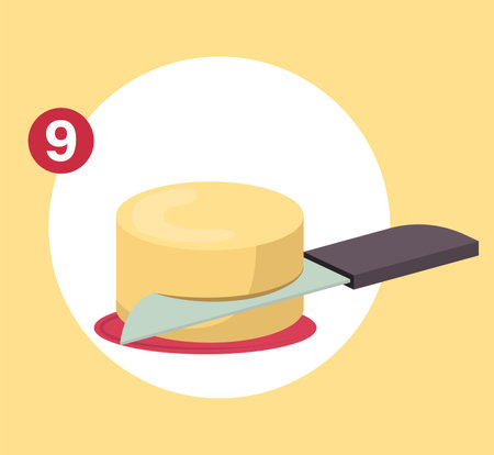 Concept Cake preparation step 9. The illustration shows a flat, vector design of a cake preparation process, representing the ninth step - cutting the cake. Vector illustration.のイラスト素材
