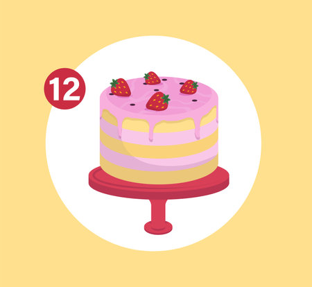 Concept Cake preparation step 12. The illustration shows the twelfth step of cake preparation. The cake is on a yellow background, and there is a flat, and cartoon-style design. Vector illustration.のイラスト素材