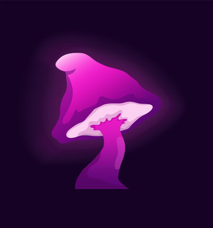 Concept Mushroom neon acid fantasy. The illustration is a flat vector design that depicts a fantastical concept featuring a mushroom with violet neon . Vector illustration.のイラスト素材