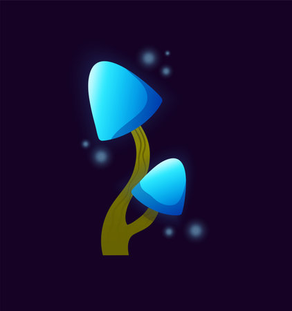Concept Mushroom neon acid fantasy. This illustration is a flat vector design featuring a fantastic concept of a mushroom that is illuminated with bright blue neon lights. Vector illustration.のイラスト素材