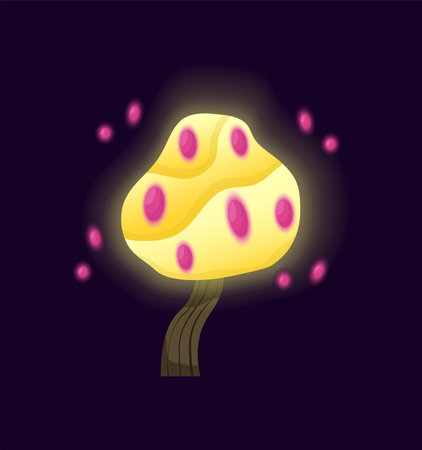 Concept Mushroom neon acid fantasy. This illustration is a flat vector design that features a fantastic concept of a mushroom illuminated by vibrant yellow neon lights. Vector illustration.のイラスト素材