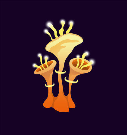 Concept Mushroom neon acid fantasy. This illustration is a flat vector design that features a fantastical concept of a mushroom illuminated with a combination of bright yellow . Vector illustration.のイラスト素材