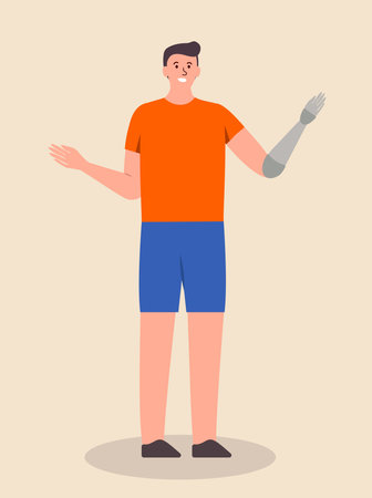 Concept People with disability man. This is an inclusive illustration of a man with a prosthetic hand, depicted in a flat cartoon style. Vector illustration.のイラスト素材