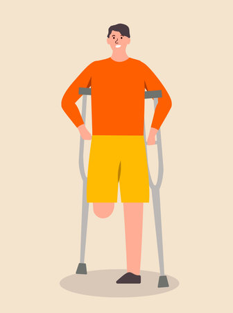 Concept People with disability man. This is an inclusive illustration of a man with crutches, depicted in a flat cartoon style. Vector illustration.のイラスト素材