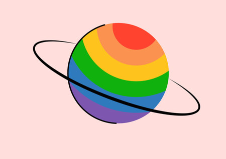 Concept Pride LGBT planet. This is an imaginative and inclusive illustration of a colorful planet with a pride flag pattern, depicted in a flat cartoon style. Vector illustration.のイラスト素材