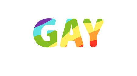 Concept Pride LGBT gay title. This flat concept illustration features a vector of a colorful title "Gay" in the colors of the pride LGBT flag, set against a white background. Vector illustration.のイラスト素材