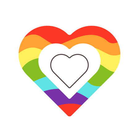 Concept Pride LGBT heart. This flat concept illustration features a vector of a colorful heart in the colors of the pride LGBT flag, set against a clean white background. Vector illustration.のイラスト素材