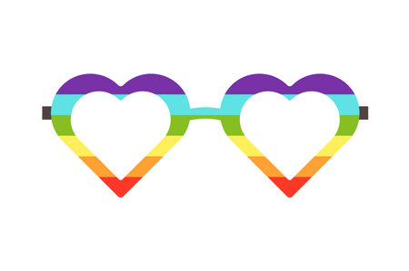 Concept Pride LGBT sunglasses. A vector illustration of a cartoon-style pair of glasses in the colors of the pride LGBT flag, set against a soft white background. Vector illustration.のイラスト素材