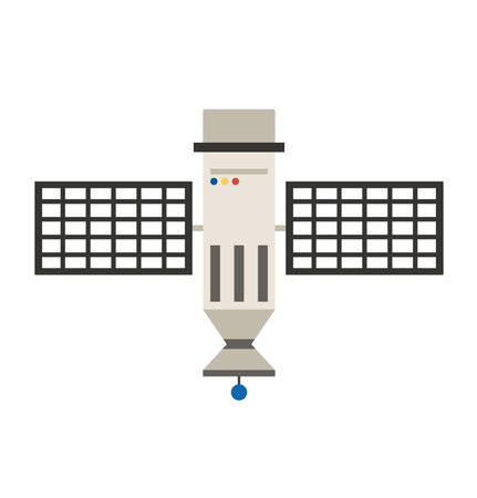 Concept Space ship transport. This flat concept illustration features a vector of a colorful satellite floating in space, set against a clean white background. Vector illustration.のイラスト素材
