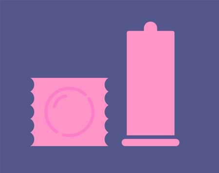 Concept Sex toys bdsm supplements. This flat concept illustration features a vector pink condom on a clean purple background. Vector illustration.のイラスト素材