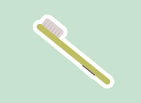 Concept Morning routine tooth brush. This illustration depicts a flat vector cartoon design of a morning routine featuring a green toothbrush on a light green background. Vector illustration.のイラスト素材