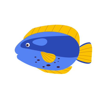 Concept Fish set. This flat vector cartoon design captures the concept of an ocean blue fish with yellow fins on a white background. Vector illustration.のイラスト素材