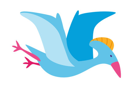 Concept Dinosaurs set. The illustration is a flat vector design that showcases the concept of cartoon dinosaurs on a white background, featuring a blue pterodactyl. Vector illustration.のイラスト素材