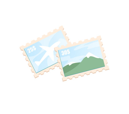 Concept Post mail postage stamp. This illustration features a flat, vector design concept of a postage stamp with a postmark and a mail envelope. Vector illustration.のイラスト素材