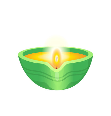 Concept Diwali yoga meditation with lamp light candle. This is a flat vector concept cartoon design featuring a green candle for yoga meditation. Vector illustration.のイラスト素材