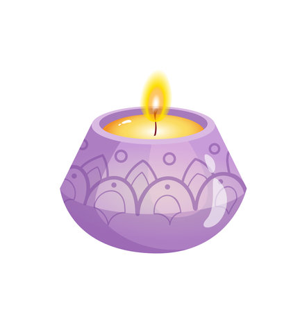 Concept Diwali yoga meditation with lamp light candle. This is a flat vector concept cartoon design featuring a violet candle for yoga meditation. Vector illustration.のイラスト素材