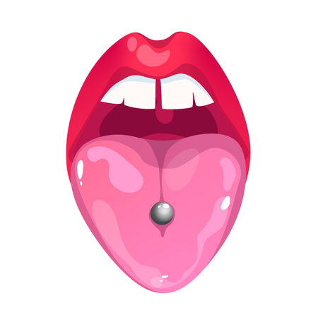 Concept Sexy lips. This vector illustration features a pair of sexy lips with a piercing, designed with a flat and cartoon-like style. Vector illustration.のイラスト素材