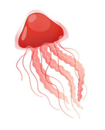 Concept Jellyfish. This is a flat vector illustration of a red jellyfish. The design is minimalistic and cartoonish, featuring a simple and playful concept. Vector illustration.のイラスト素材