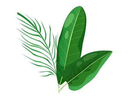 Concept Flora plant flower branch leaf. This flat vector design features a lush green plant brunch with vibrant green leaves, all depicted in a whimsical cartoon style. Vector illustration.のイラスト素材