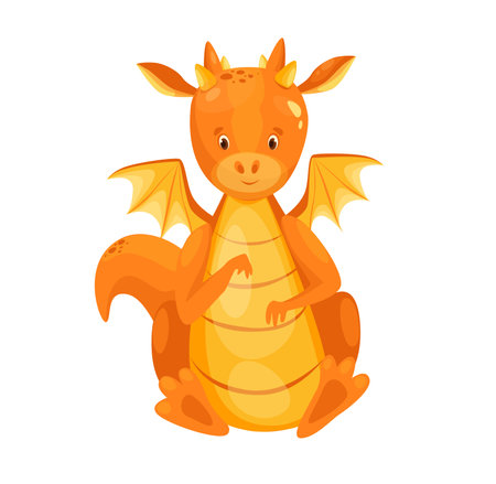 Concept Dragon little. The illustration features a cute orange dragon, rendered in a flat, vector style with a cartoon-like appearance. Vector illustration.のイラスト素材