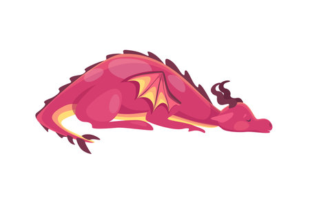 Concept Dragon sleeping. The illustration is a flat, vector, cartoon design featuring a cute dragon sleeping soundly on a white background. Vector illustration.のイラスト素材