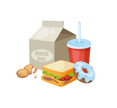 Concept Back to school lunch breakfast food. The illustration features a flat, vector design with a back to school concept. Vector illustration.のイラスト素材