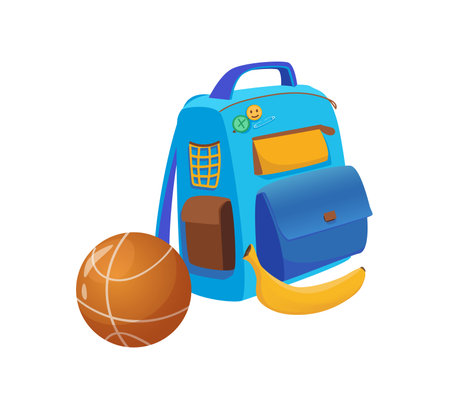Concept Back to school backpack volleyball banana. This is a back-to-school themed illustration featuring a backpack, a banana, and a volleyball. Vector illustration.のイラスト素材