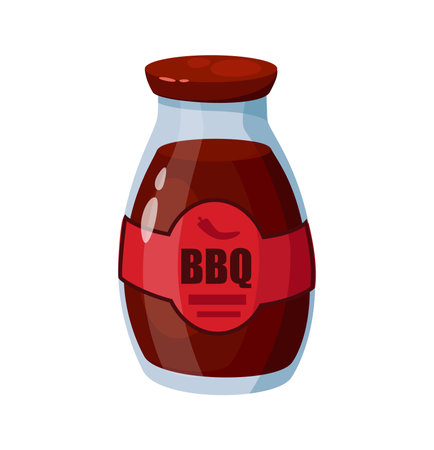 Concept Grill barbecue sauce. This illustration is a flat, vector, cartoon-style design featuring a bottle of barbecue sauce on a white background. Vector illustration.のイラスト素材
