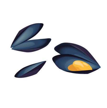 Concept Seafood mussels. This illustration is a flat, vector design depicting a plate of mussels on a white background. Vector illustration.のイラスト素材
